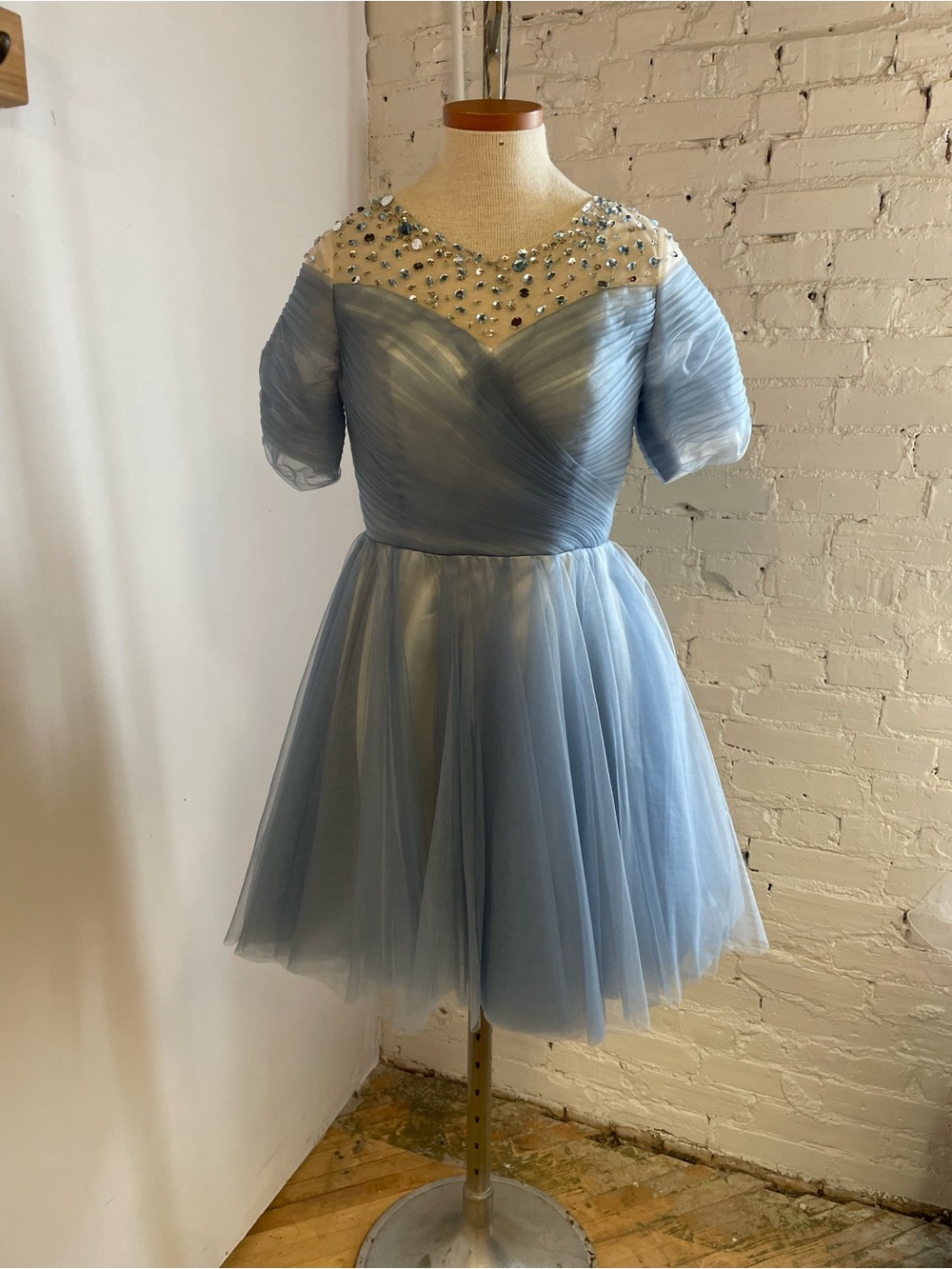 Smoky Blue Cocktail Dress with Embellished Illusion Neckline